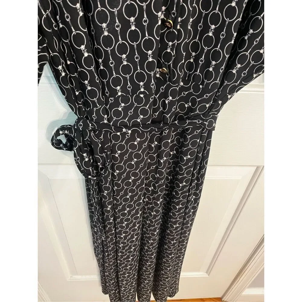 Lauren Ralph Lauren Black Equestrian Print 1/2 Button Belted Slinky Shirt Dress